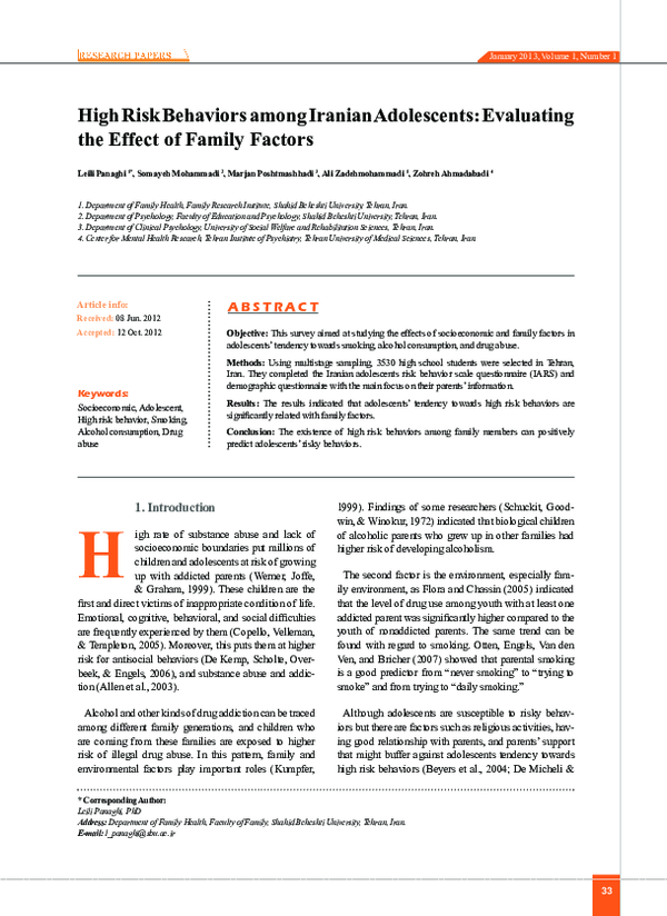 (PDF) High Risk Behaviors among Iranian Adolescents: Evaluating the ...