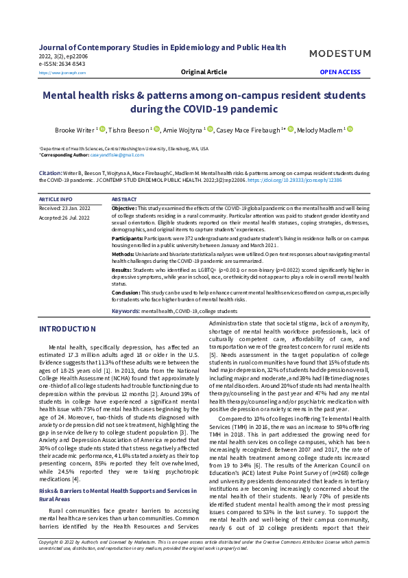 (PDF) Mental health risks & patterns among on-campus resident students ...