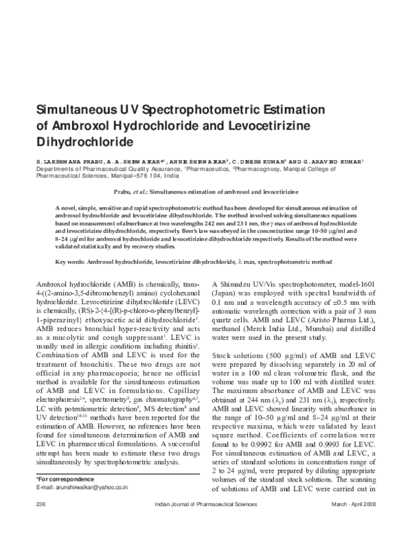 (PDF) Simultaneous UV spectrophotometric estimation of ambroxol ...