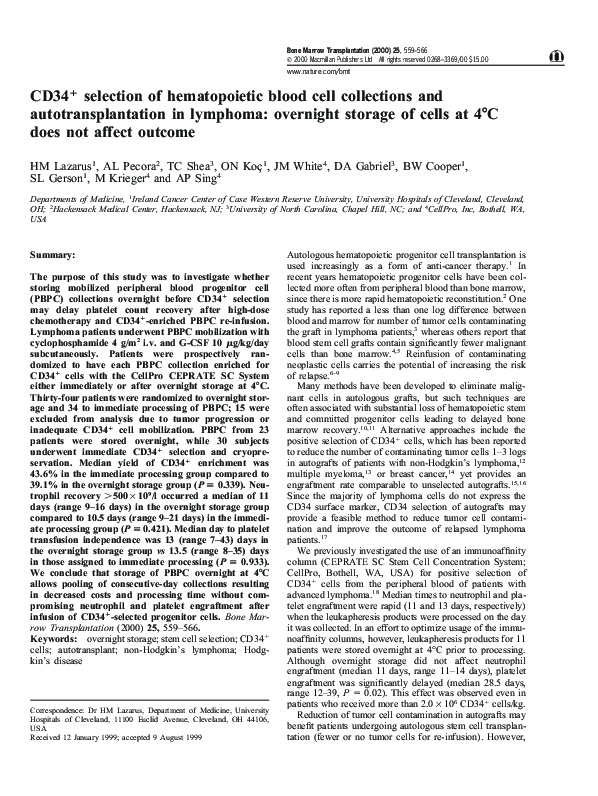 (PDF) CD34+ selection of hematopoietic blood cell collections and ...