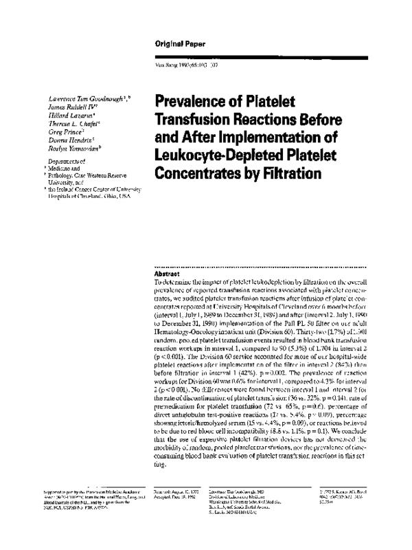 (PDF) Prevalence of Platelet Transfusion Reactions Before and After ...