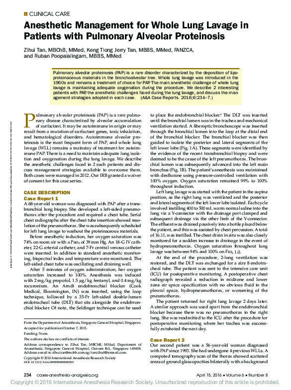 (PDF) Anesthetic Management for Whole Lung Lavage in Patients with
