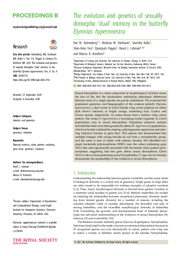 (PDF) The evolution and genetics of sexually dimorphic ‘dual’ mimicry ...