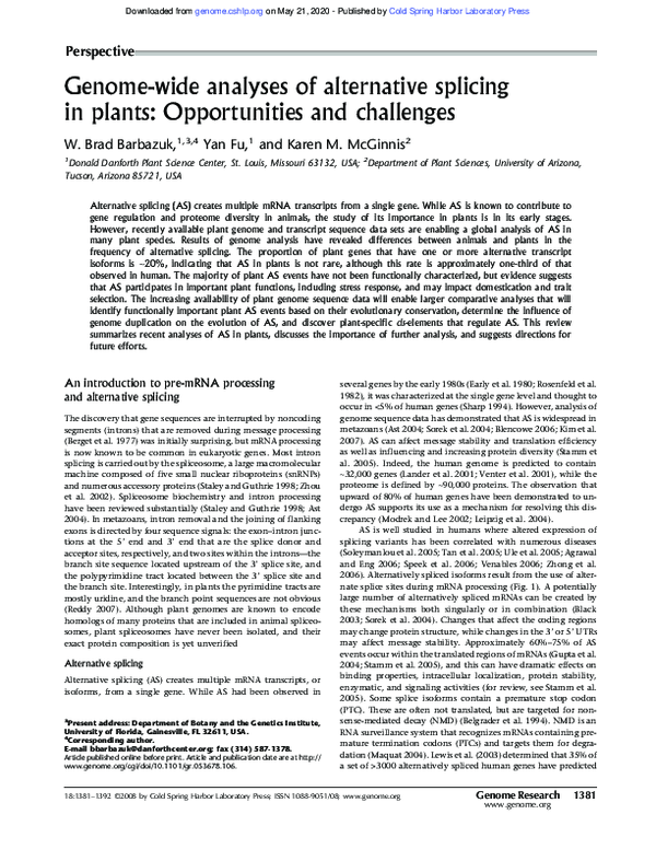 (PDF) Genome-wide analyses of alternative splicing in plants ...