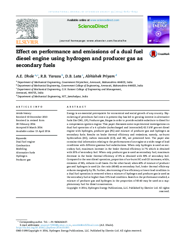(PDF) Effect on performance and emissions of a dual fuel diesel engine ...