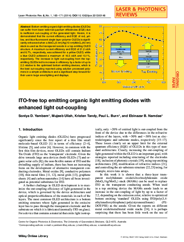 (PDF) ITO-free top emitting organic light emitting diodes with enhanced ...