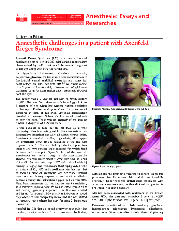 (PDF) Anaesthetic challenges in a patient with Axenfeld Rieger Syndrome