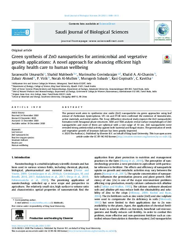 (PDF) Green synthesis of ZnO nanoparticles for antimicrobial and ...