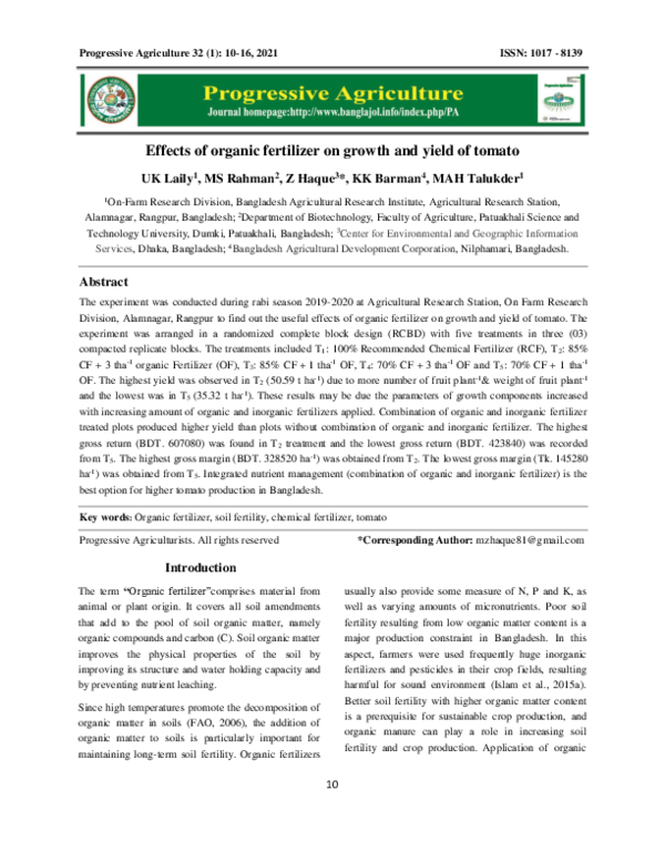 (PDF) Effects of organic fertilizer on growth and yield of tomato
