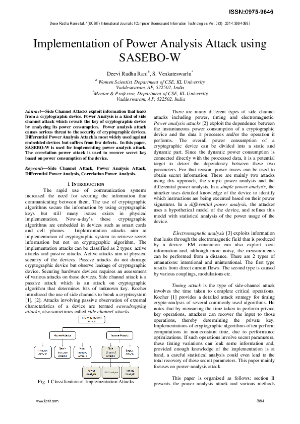 (PDF) Implementation of Power Analysis Attack using SASEBO-W Deevi