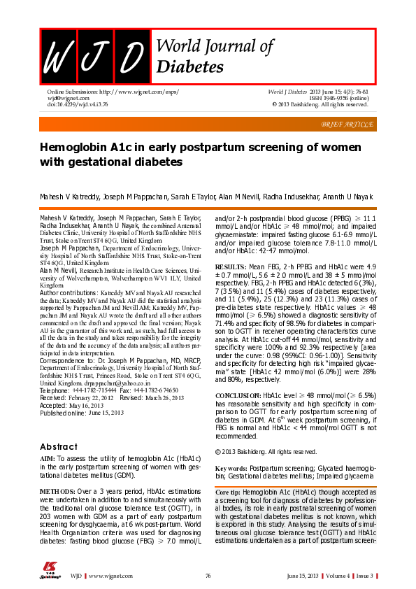 (PDF) Hemoglobin A1c in early postpartum screening of women with ...