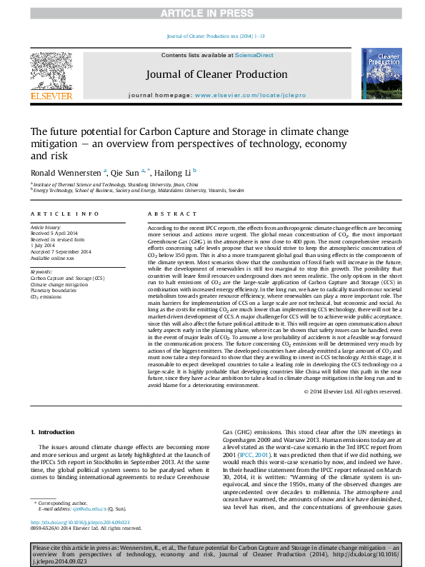 (PDF) The future potential for Carbon Capture and Storage in climate ...