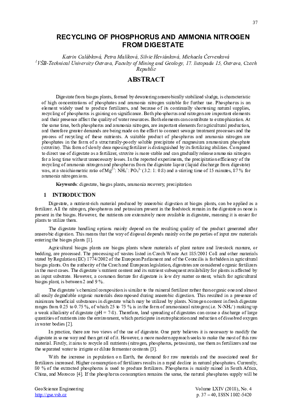 (PDF) Recycling of Phosphorus and Ammonia Nitrogen from Digestate