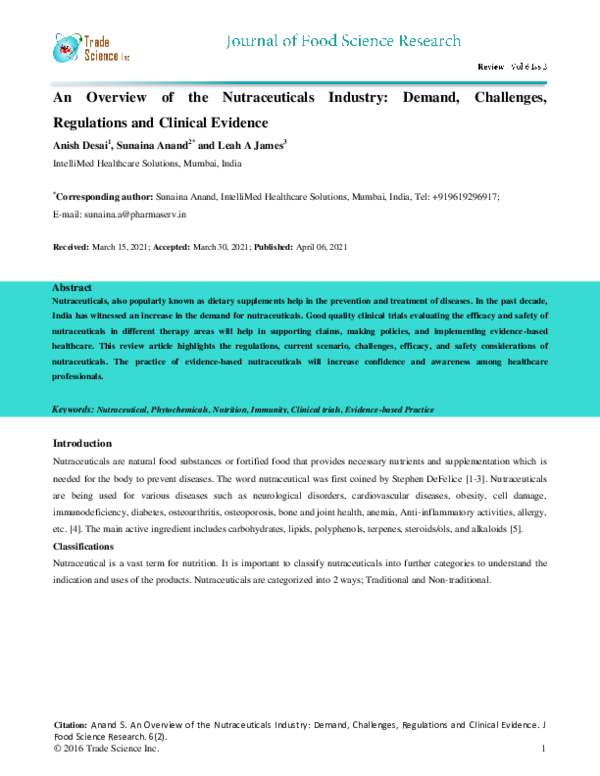 (PDF) An Overview of the Nutraceuticals Industry Demand, Challenges