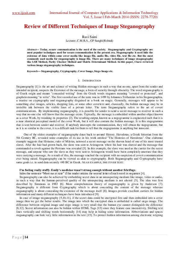 (PDF) Review of Different Techniques of Image Steganography