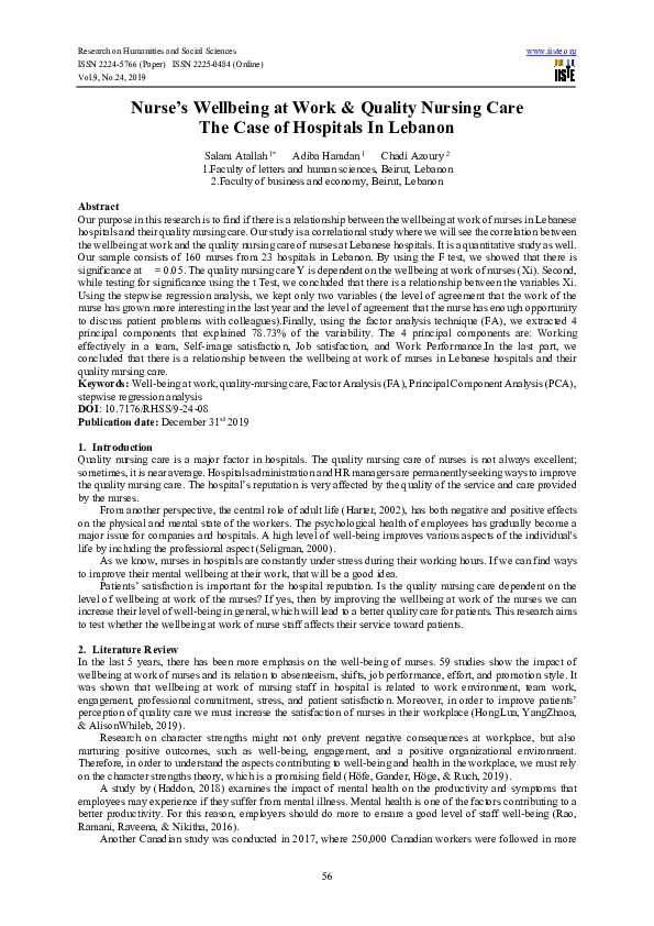 (PDF) Nurse’s Wellbeing at Work & Quality Nursing Care The Case of