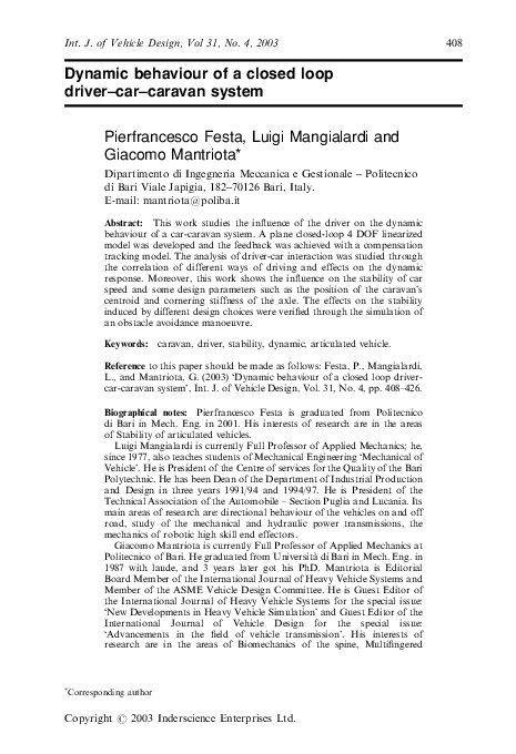 (PDF) Dynamic behaviour of a closed loop driver?car?caravan system