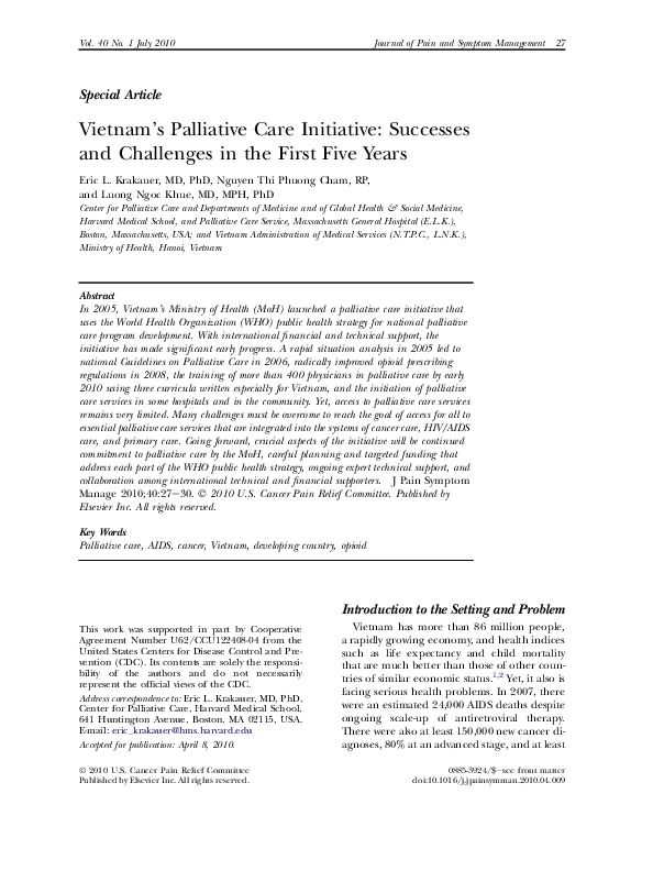 (PDF) Vietnam's Palliative Care Initiative: Successes and Challenges in ...