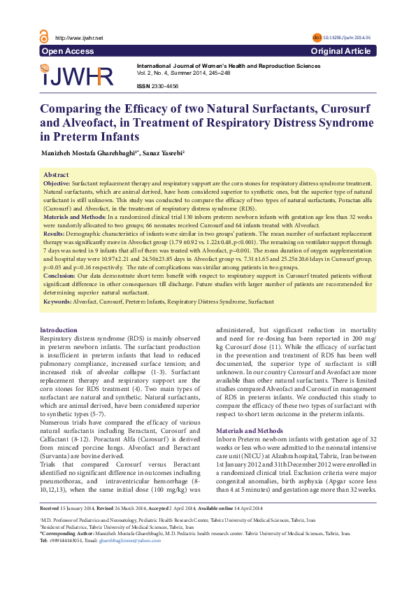(PDF) Comparing the Efficacy of two Natural Surfactants, Curosurf and ...