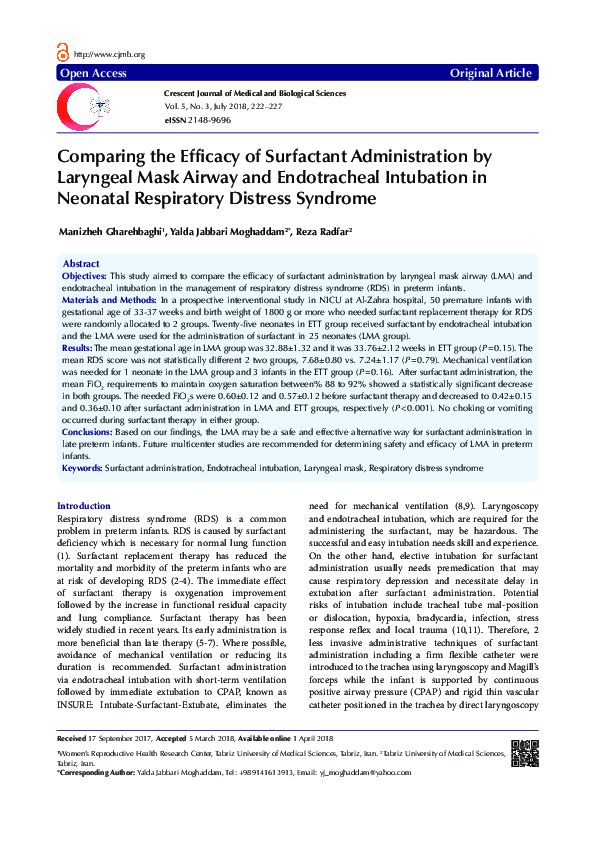(PDF) Comparing the Efficacy of Surfactant Administration by Laryngeal