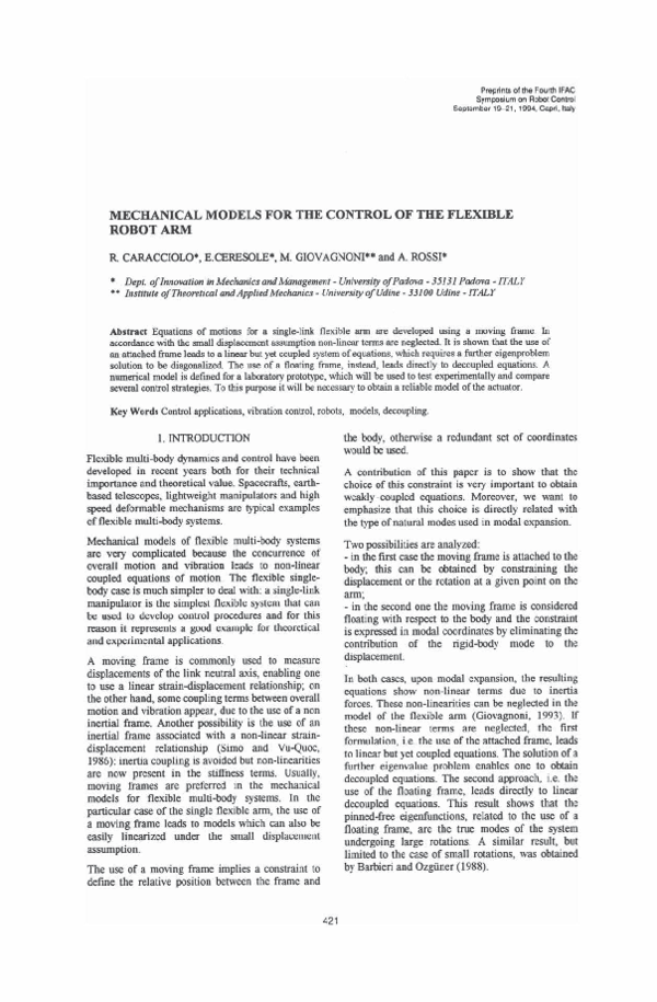(PDF) Mechanical models for the control of the flexible robot arm