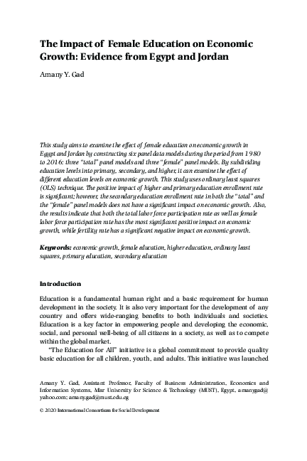(PDF) The Impact of Female Education on Economic Growth: Evidence from ...