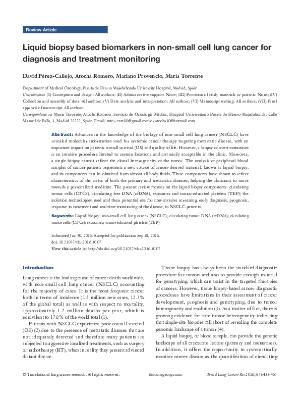 (PDF) Liquid biopsy based biomarkers in non-small cell lung cancer for ...