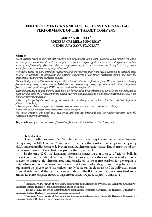 (PDF) Effects of Mergers and Acquisitions on Financial Performance of ...