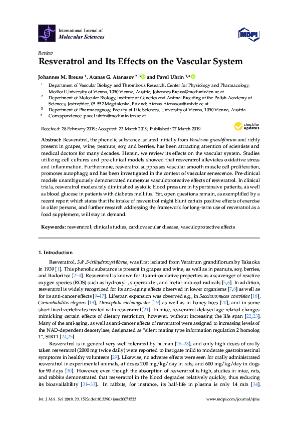 (PDF) Resveratrol and Its Effects on the Vascular System