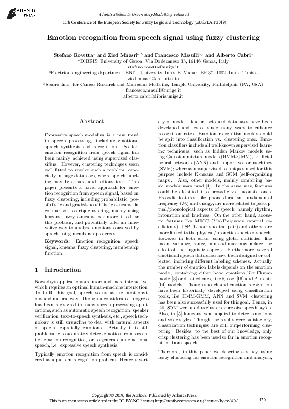 (PDF) Emotion recognition from speech signal using fuzzy clustering