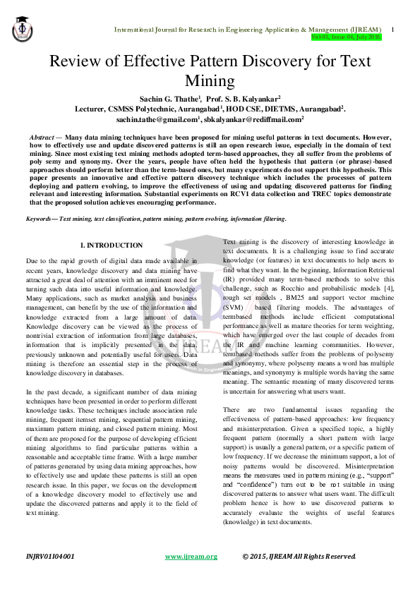 (PDF) Review of Effective Pattern Discovery for Text Mining