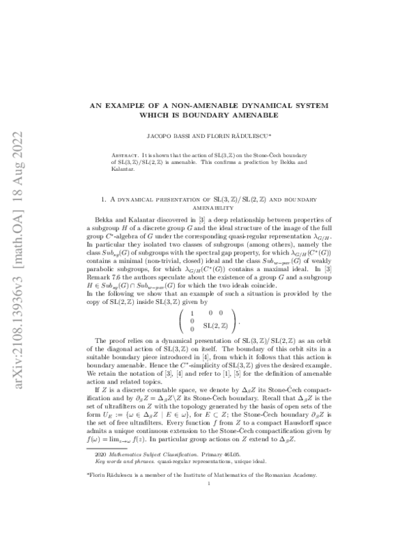 (PDF) An example of a nonamenable dynamical system which is boundary amenable Jacopo Bassi