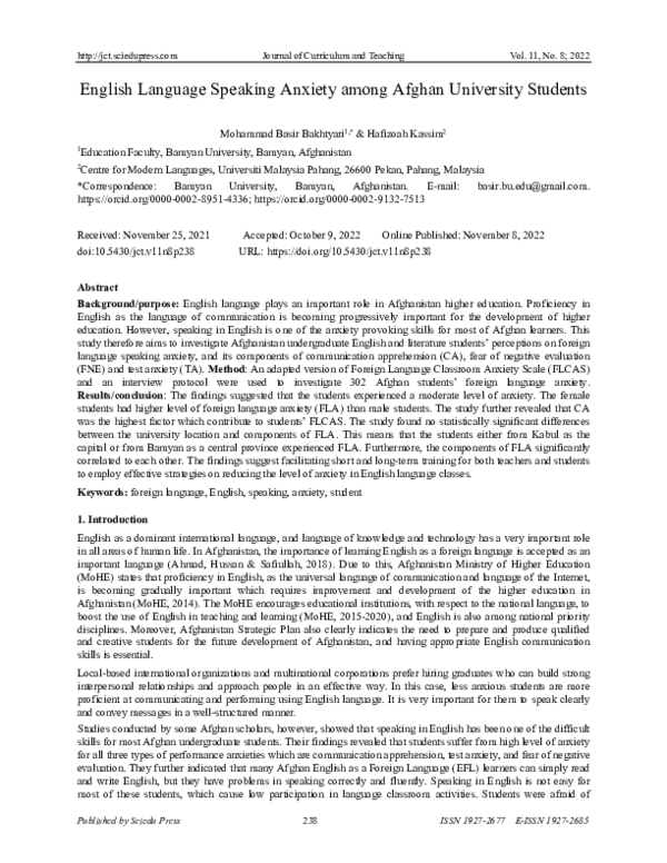 (PDF) English Language Speaking Anxiety among Afghan University Students