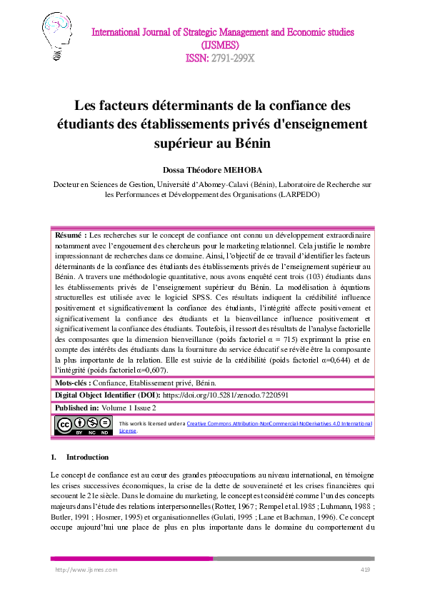 (PDF) Les facteurs déterminants de la confiance des étudiants des ...