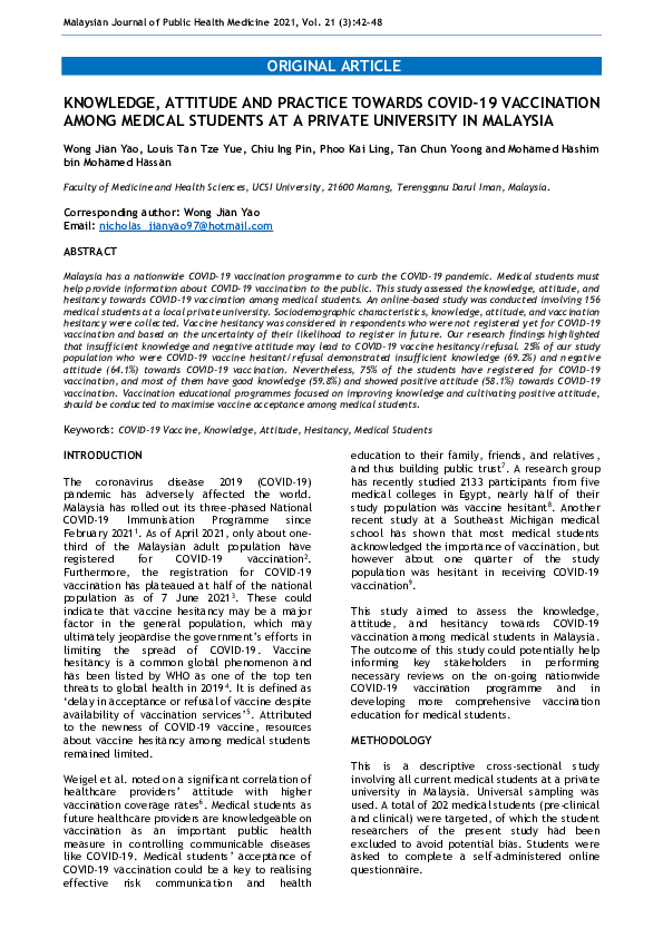 (PDF) Knowledge, Attitude and Hesitancy Towards COVID-19 Vaccination ...