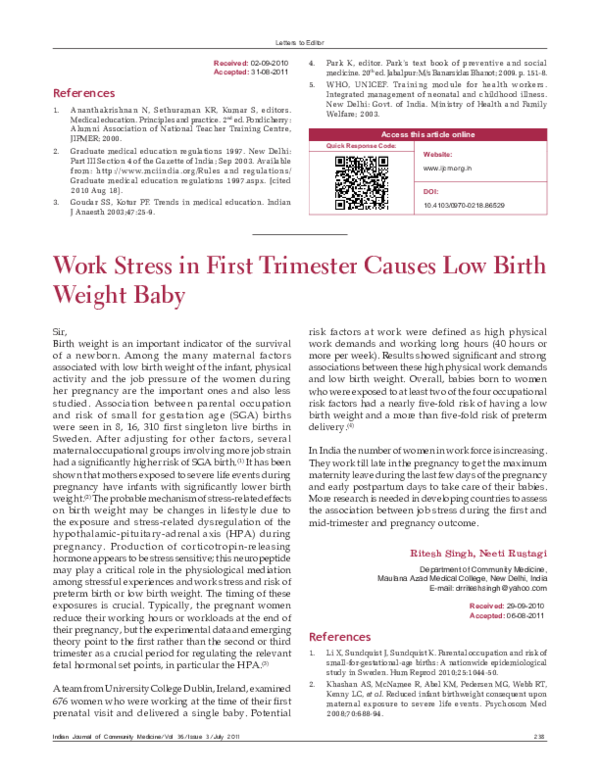 (PDF) Work stress in first trimester causes low birth weight baby