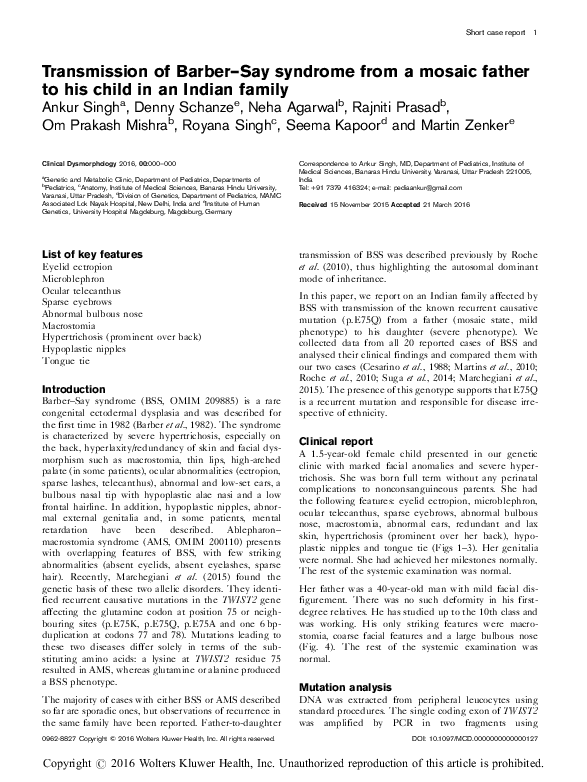 (PDF) Transmission of BarberSay syndrome from a mosaic father to his