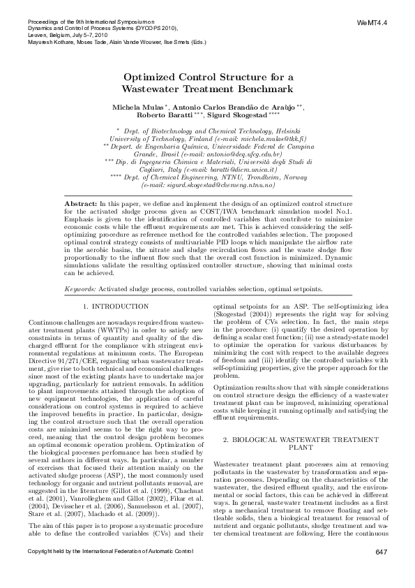 (PDF) Optimized Control Structure for a Wastewater Treatment Benchmark