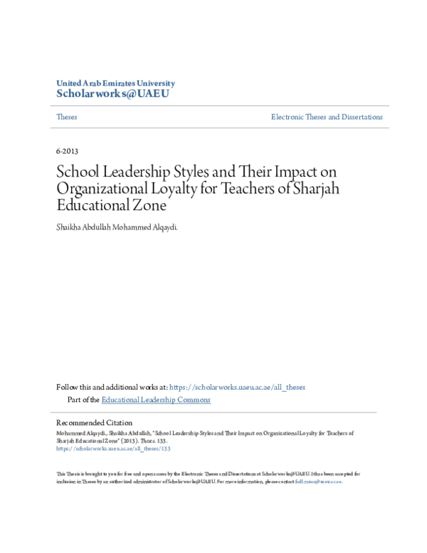 (PDF) School Leadership Styles and Their Impact on Organizational Loyalty for Teachers of