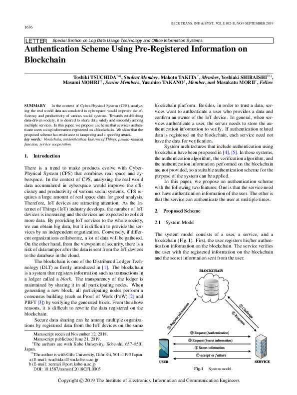 (PDF) Authentication Scheme Using Pre-Registered Information on Blockchain