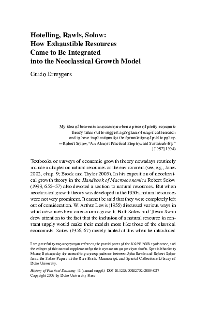 (PDF) Hotelling, Rawls, Solow: How Exhaustible Resources Came to Be ...