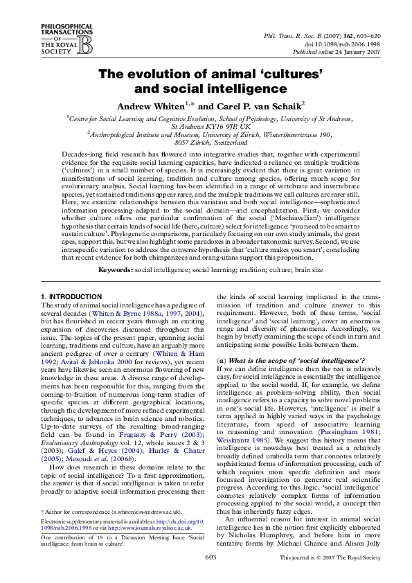 (PDF) The evolution of animal ‘cultures’ and social intelligence