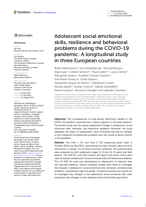 (PDF) Adolescent social emotional skills, resilience and behavioral ...