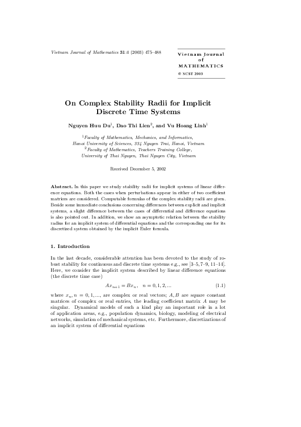 (PDF) On complex stability radii for implicit discrete time systems