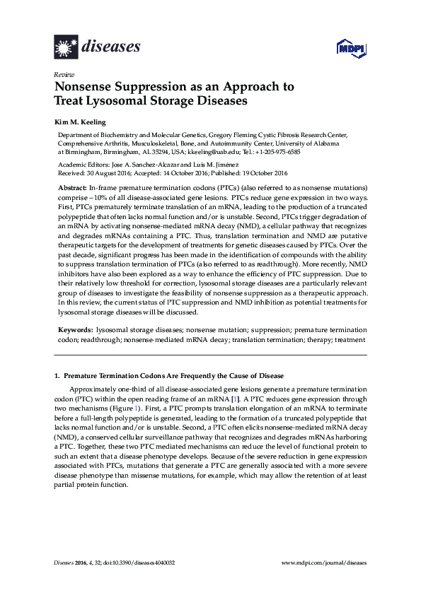 (PDF) Nonsense Suppression as an Approach to Treat Lysosomal Storage ...