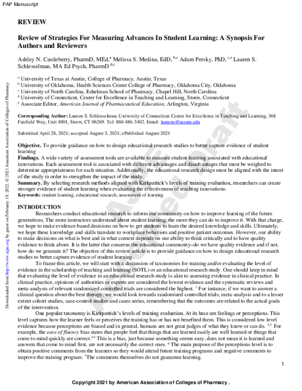 (PDF) Strategies for Measuring Advances in Pharmacy Student Learning