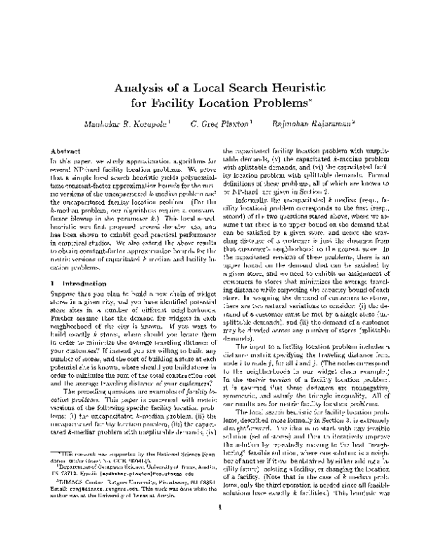 (PDF) Analysis of a Local Search Heuristic for Facility Location Problems