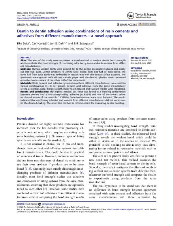 (PDF) Dentin to dentin adhesion using combinations of resin cements and ...
