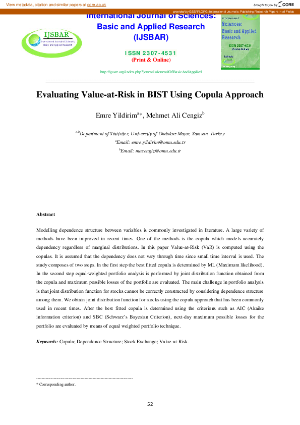 (PDF) Evaluating Value-at-Risk in BIST Using Copula Approach