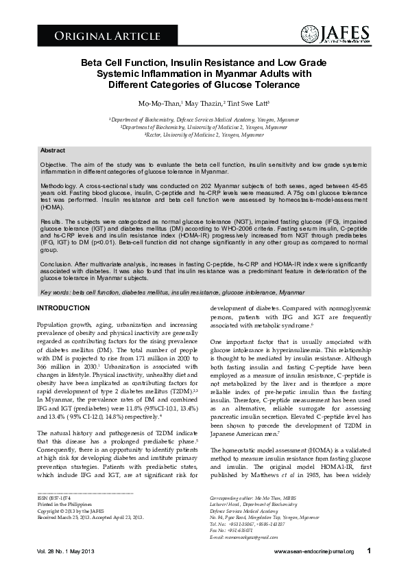 (PDF) Beta Cell Function, Insulin Resistance and Low Grade Systemic ...
